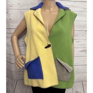 Cameleon Fleece Vest Medium Green Blue Yellow Gray Colorblock Sleeveless